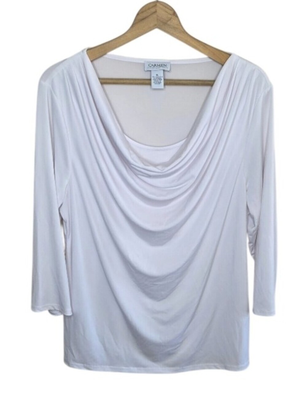 Carmen Marc Valvo White Draped Neck 3/4 Sleeve Top Size XL Classic Office Work